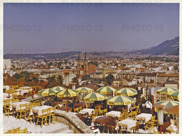 Salzburg in 1959: View of the city from the Grand Cafe Winkler. former terrace cafe on the Moenchsberg in the old town of Salzburg. Today it houses the Moenchsberg Museum of Modern Art and the M32 restaurant. Austria