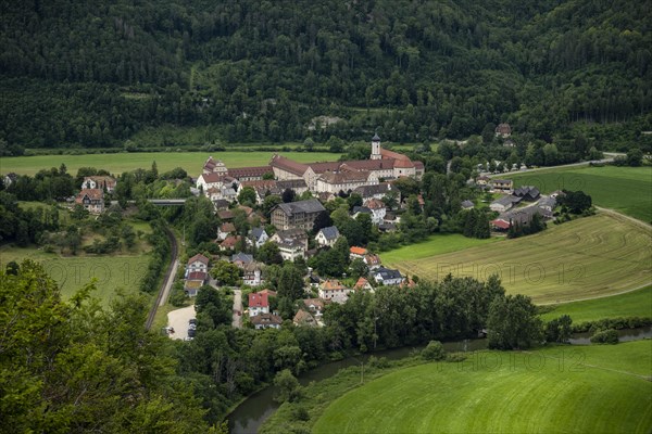 View into the Danube valley of the municipality of Beuron with the archabbey