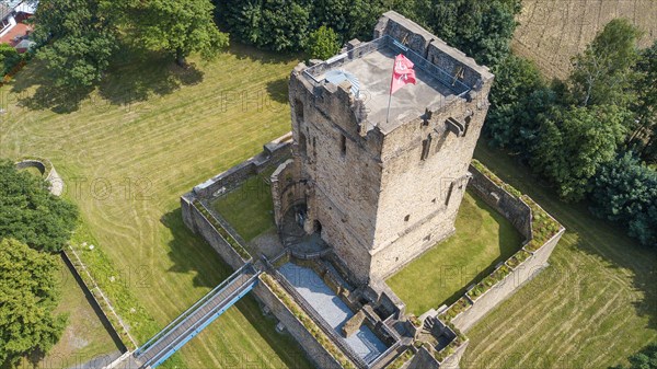 Bird's eye view of ruins of partially reconstructed former moated castle Burg Altendorf from the Middle Ages