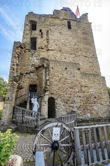 Entrance to ruins of partially reconstructed former moated castle Burg Altendorf from the Middle Ages