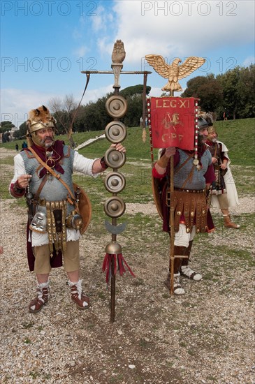 Traditional group in costumes of Roman XI Legion in Circus Maximus