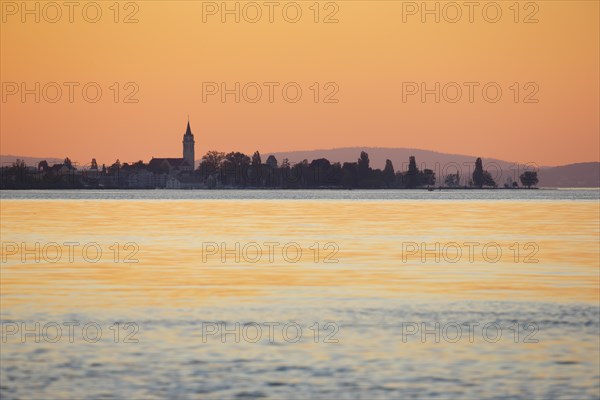 Church and harbour of Romanshorn in the evening light