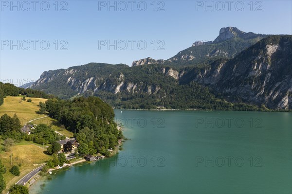 Austrian Romantic Road along the Mondsee near Pichl Auhof with Schafberg