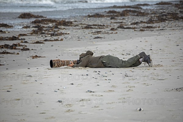 Wildlife photographer with telephoto lens on the beach