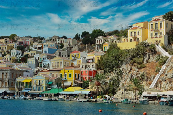 View of the colourful houses of Symi