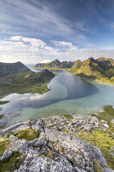 View from the mountain Kollfjellet to the fjord and mountains of Lofoten