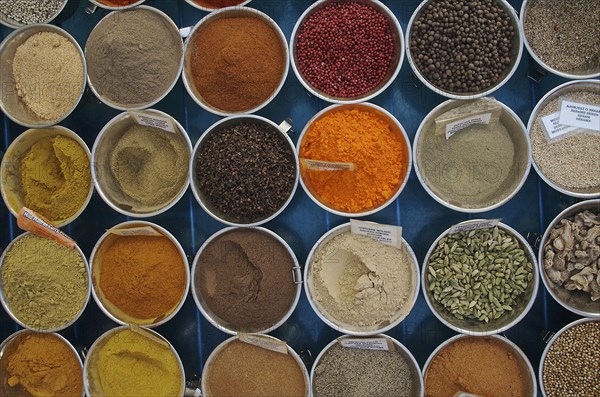 Spice mixture in round containers as powder and as fruit