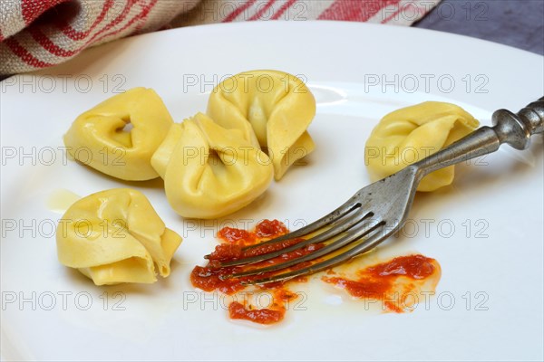 Pasta with tomato sauce on plate with fork