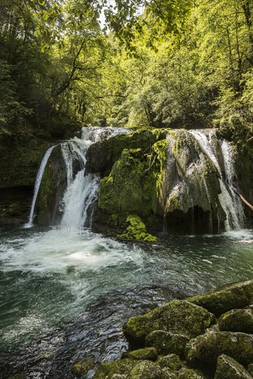 Waterfall and mossy rocks