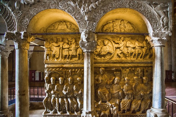 Pulpit (13th c.) over sarcophagus (4th)