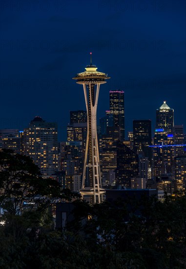 View over illuminated skyscrapers of Seattle