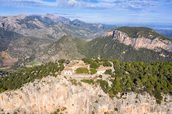 Ruin of the castle Castell Alaro in Majorca landscape mountains mountain holiday travel aerial photo in Alaro