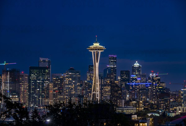 View over illuminated skyscrapers of Seattle