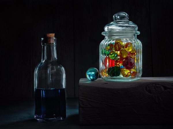 Still life with glass bottle