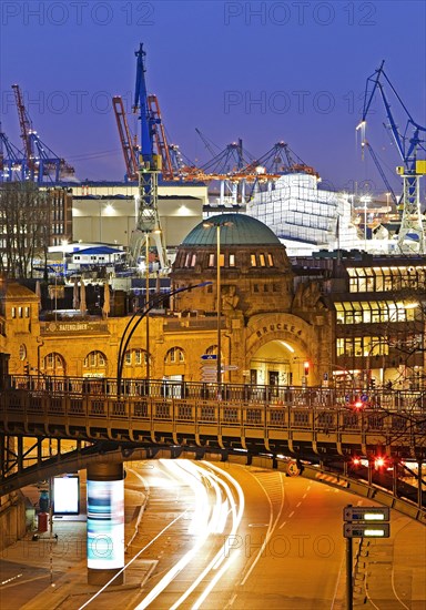 Landungsbruecken with harbour in the evening