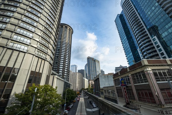 View from the Monorail Railway to skyscrapers and downtown