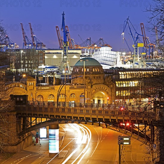 Landungsbruecken with harbour in the evening