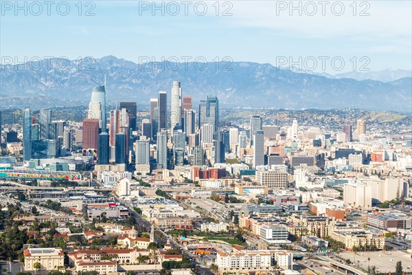 Downtown skyline city building aerial view in Los Angeles