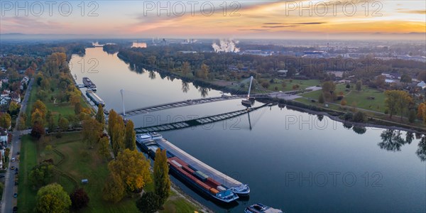 Bridge of the Two Banks over the Rhine River between Germany and France Aerial Panorama in Kehl