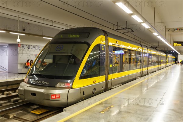 Modern light rail Metro do Porto tramway public transport transport traffic at the Trindade stop in Porto