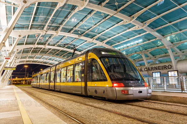 Modern light rail Metro do Porto tram public transport transport transport at the stop airport in Porto