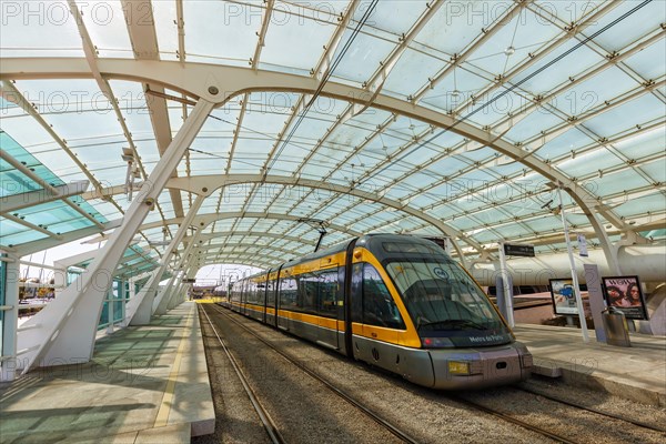 Modern light rail Metro do Porto tram public transport transport transport at the stop airport in Porto