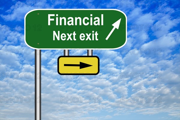 Illustration of a green sign with the text Financial Next exit against blue cloudy sky