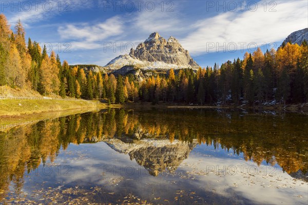 Antorno lake towards Tre Cime di Lavaredo mountain reflected in lake