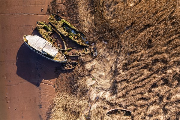 Top Down view over Old Boat Wrecks on the River Exe in Topsham