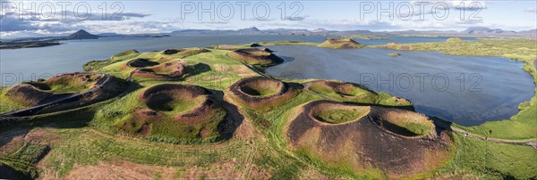 Aerial view of green volcanic crater