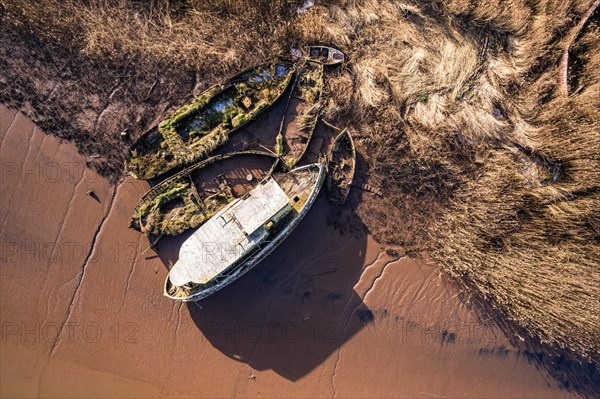 Top Down view over Old Boat Wrecks on the River Exe in Topsham