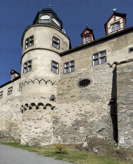 View of west tower of Trier castle in double castle Buerresheim from Middle Ages