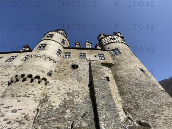 View of towers of Trier castle in double castle Buerresheim from Middle Ages