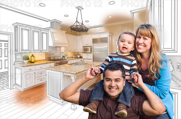 Happy young mixed-race family over kitchen drawing with photo combination