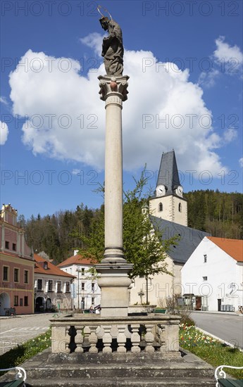 Town square with St. Mary's Church. Rozmberk Nad Vlatavou