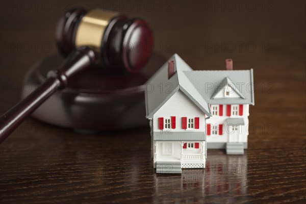 Gavel and small model house on wooden table