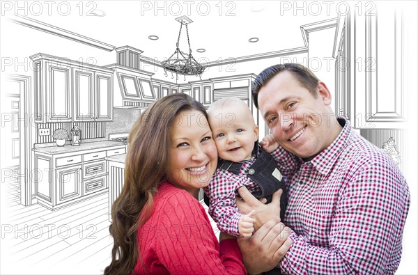 Happy young family over custom kitchen and design drawing