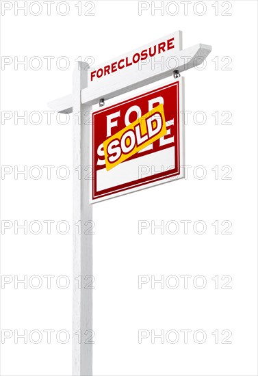 Right facing foreclosure sold for sale real estate sign isolated on white