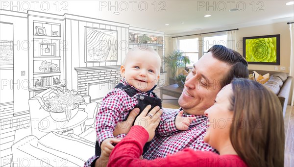 Happy young family over custom living room design drawing photo combination