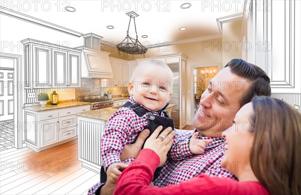 Happy young family over custom kitchen design drawing and photo combination