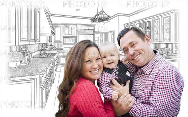 Happy young family over custom kitchen and design drawing