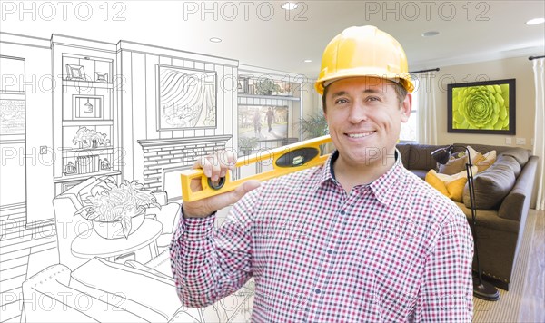 Smiling contractor in hard hat with level over custom living room drawing and photo combination