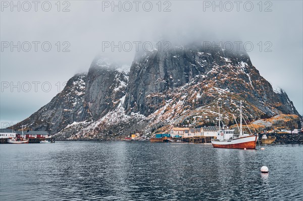 Ship fishing boat in Hamnoy fishing village on Lofoten Islands