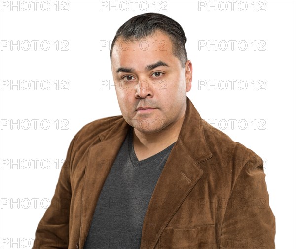 Handsome young hispanic male headshot portrait against white background