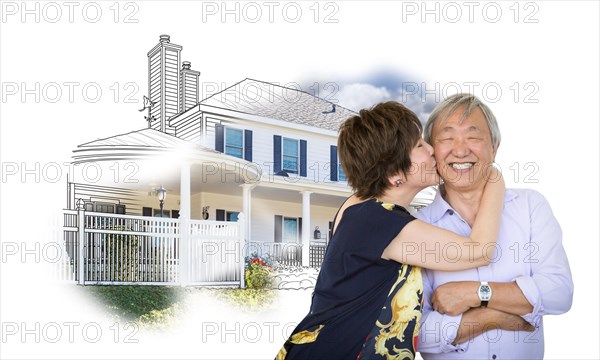 Happy chinese senior couple kissing in front of house drawing on white