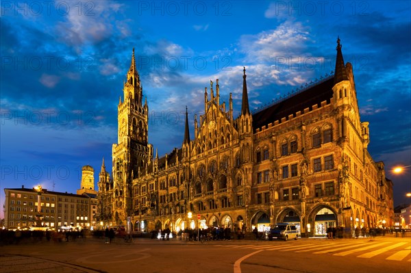 Marienplatz central square illuminated at night with New Town Hall