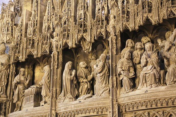 Stone sculptures Scenes from the Life of Jesus and Mary on the choir screen of Notre Dame of Chartres Cathedral