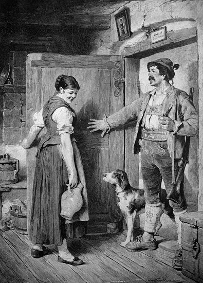 The hunter comes home with a dog and a gun and meets the maid with a wine jug