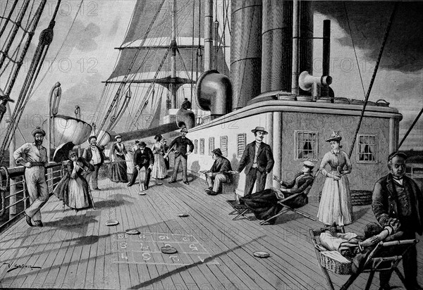 Playing shuffleboard on the deck of a transatlantic steamer in 1880