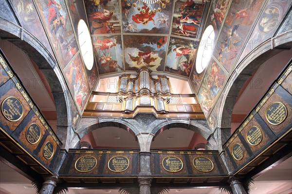 Interior view of the baroque Union Church with gallery and organ in Idstein